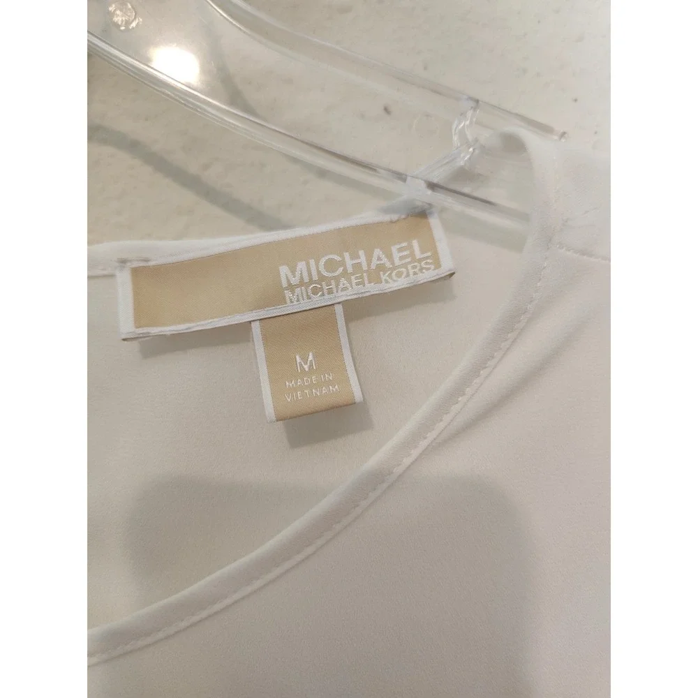Michael Kors White Chiffon Top Peasant Elastic Smocked Sleeves Keyhole Front Med